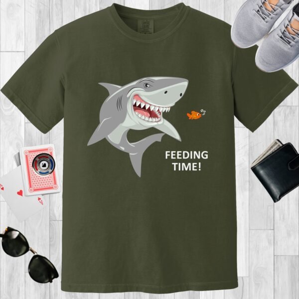 Moss colored unisex crewneck poker-themed T-shirt. Design features the text 'Feeding time'. Image of a shark and small fish.