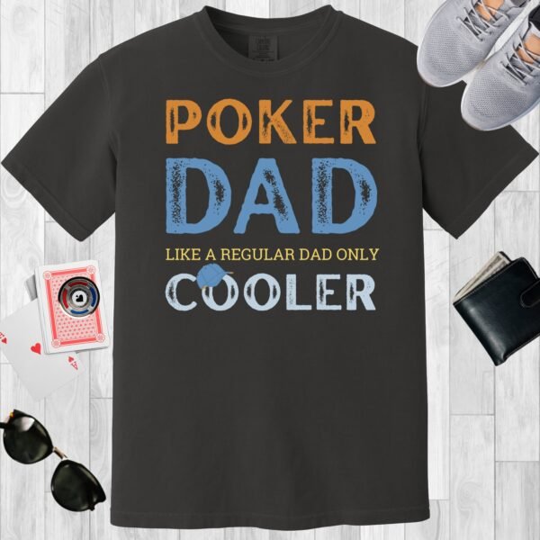 Graphite colored unisex crewneck poker-themed T-shirt. Design features the text 'Poker Dad, like a regular dad only cooler'.