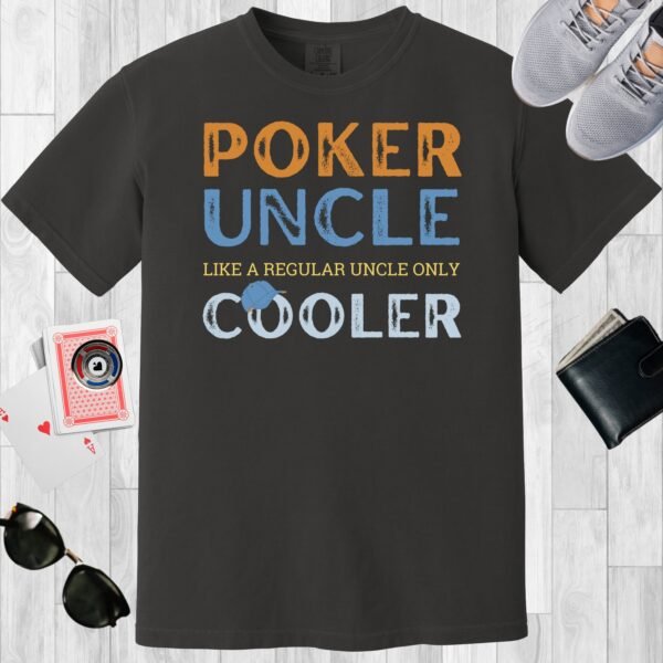 Graphite colored unisex crewneck poker-themed T-shirt. Design features the text 'Poker Uncle, like a regular dad only cooler'.