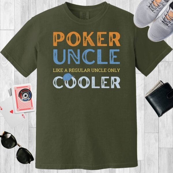 Moss colored unisex crewneck poker-themed T-shirt. Design features the text 'Poker Uncle, like a regular dad only cooler'.