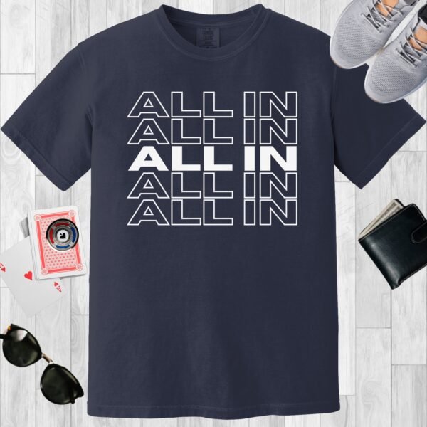Navy colored unisex crewneck poker-themed T-shirt. Design features the repeating text 'ALL IN'.