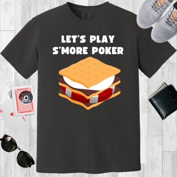 Graphite colored unisex crewneck poker-themed T-shirt. Design features the text 'Let's play s'more poker'. There is a poker chip encased in a s'more.
