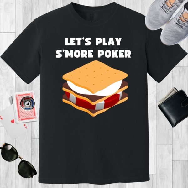 Black colored unisex crewneck poker-themed T-shirt. Design features the text 'Let's play s'more poker'. There is a poker chip encased in a s'more.