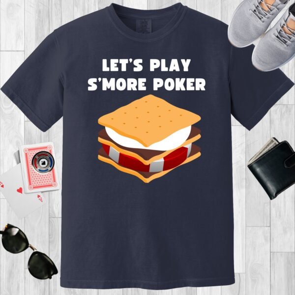 Navy colored unisex crewneck poker-themed T-shirt. Design features the text 'Let's play s'more poker'. There is a poker chip encased in a s'more.