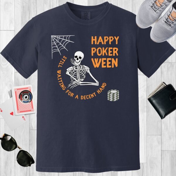 Navy colored unisex crewneck poker-themed T-shirt. Design features the text 'Happy Pokerween'. There's a skeleton, a cobweb, and a stack of poker chips.