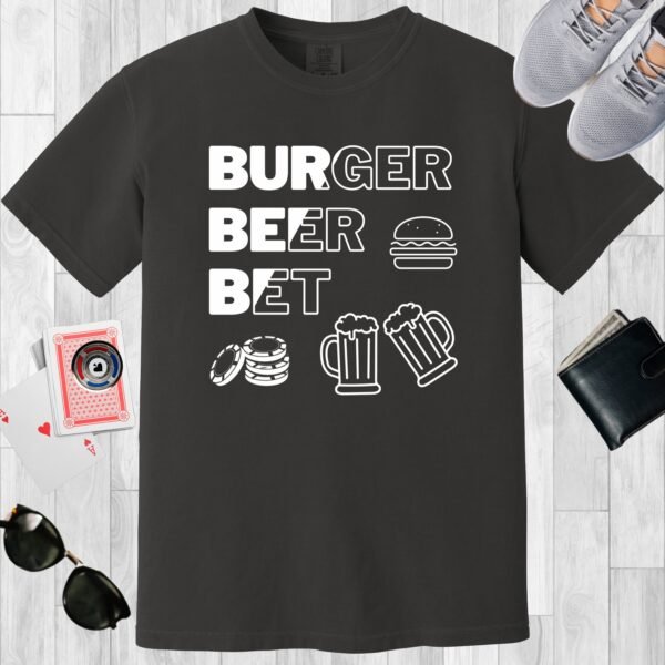 Graphite colored unisex crewneck poker-themed T-shirt. Design features the text 'Burger Beer Bet'. There is an image of a burger, a couple of beers and a stack of poker chips.
