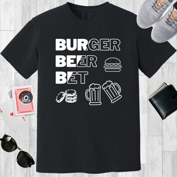 Black colored unisex crewneck poker-themed T-shirt. Design features the text 'Burger Beer Bet'. There is an image of a burger, a couple of beers and a stack of poker chips.