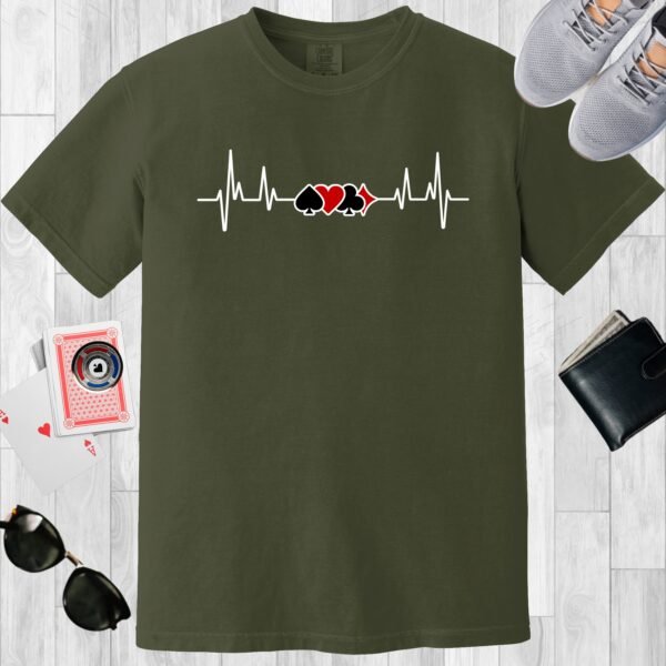 Moss colored unisex crewneck poker-themed T-shirt. Design features a heartbeat line incorporating the card suits.