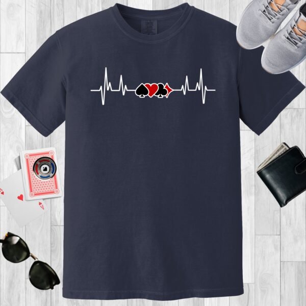 Navy colored unisex crewneck poker-themed T-shirt. Design features a heartbeat line incorporating the card suits.