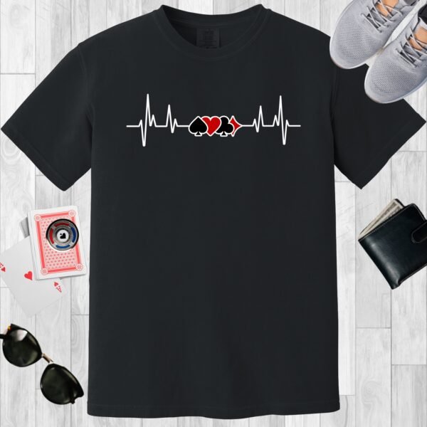 Black colored unisex crewneck poker-themed T-shirt. Design features a heartbeat line incorporating the card suits.