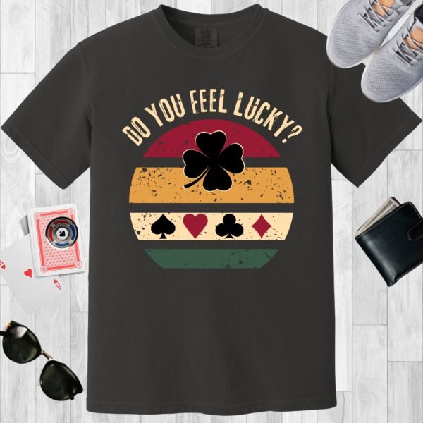 Graphite colored unisex crewneck poker-themed T-shirt. Design features a vintage sunset with the text 'Do you feel lucky?'