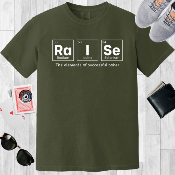 Moss colored unisex crewneck poker-themed T-shirt. Design features the periodic table elements Radium, Iodine, and Selenium.