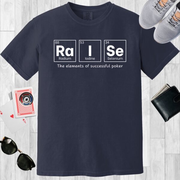 Navy colored unisex crewneck poker-themed T-shirt. Design features the periodic table elements Radium, Iodine, and Selenium.