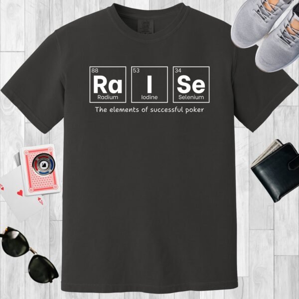 Graphite colored unisex crewneck poker-themed T-shirt. Design features the periodic table elements Radium, Iodine, and Selenium.