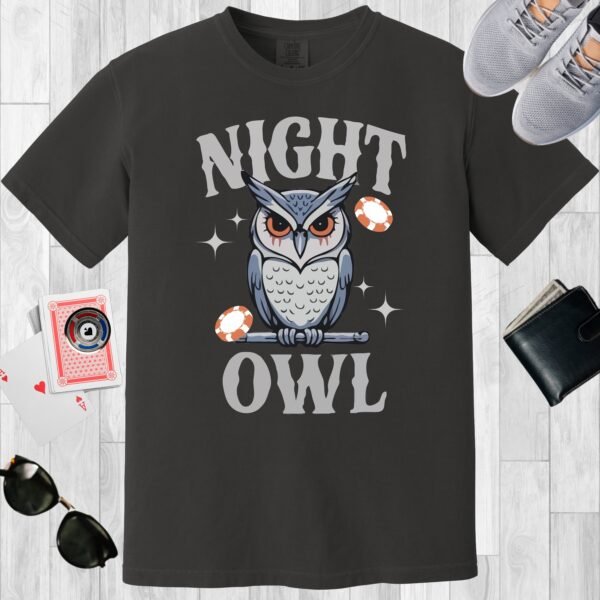 Navy colored unisex crewneck poker-themed T-shirt. Design features the text 'Night Owl'. An owl on a branch with poker chips and stars.