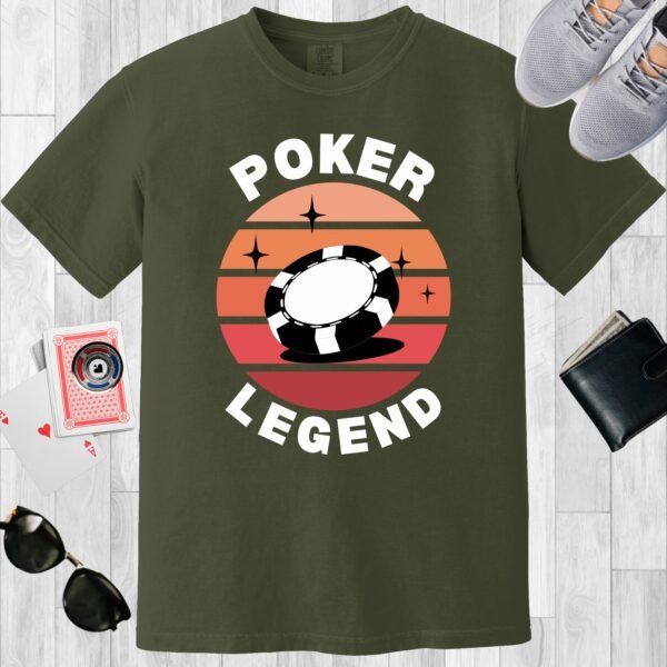 Moss colored unisex crewneck poker-themed T-shirt. Design features the text 'Poker legend', along with an image of a poker chip on a retro sunset background.