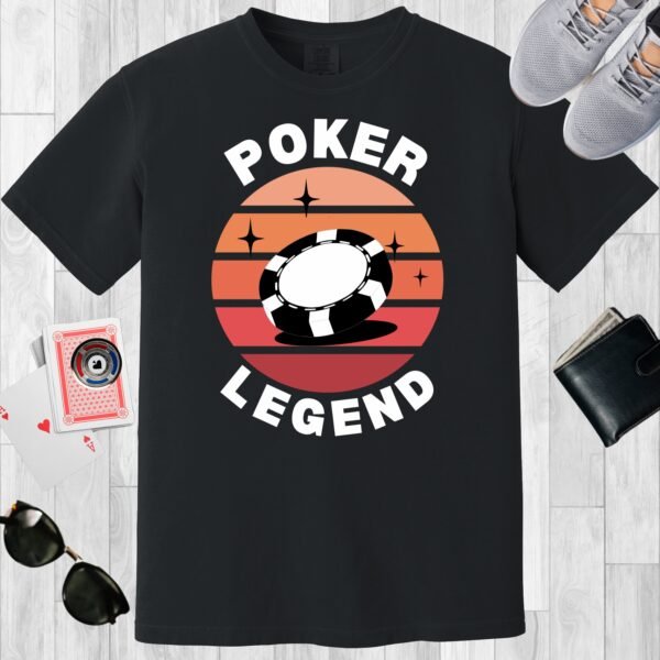 Black colored unisex crewneck poker-themed T-shirt. Design features the text 'Poker legend', along with an image of a poker chip on a retro sunset background.