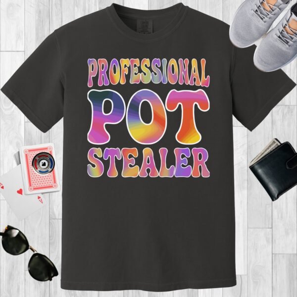 Graphite colored unisex crewneck poker-themed T-shirt. Design features the text 'Professional pot stealer'.
