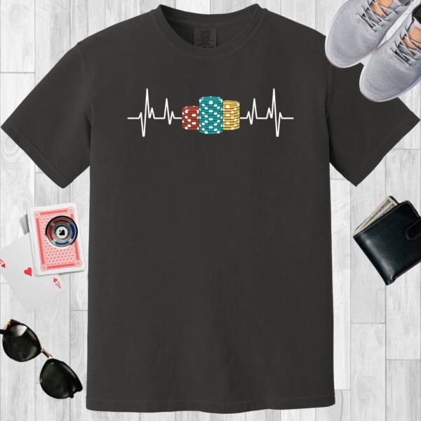 Graphite colored unisex crewneck poker-themed T-shirt. Design features a heartbeat line with poker chip stacks.