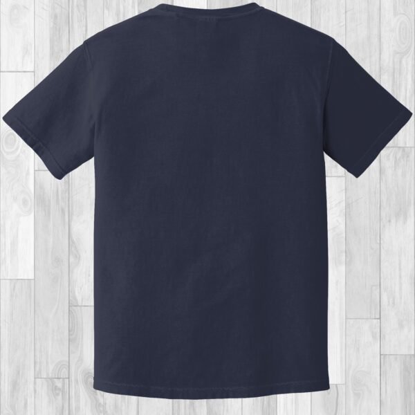 The back view of a navy unisex crewneck T-shirt