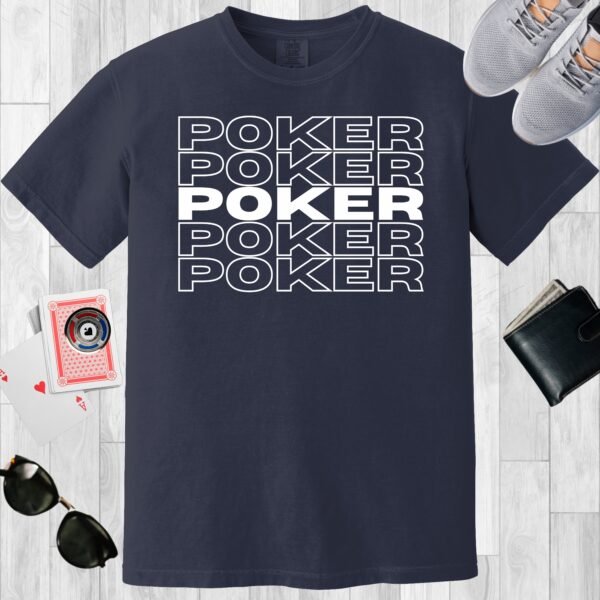Navy colored unisex crewneck poker-themed T-shirt. Design features the text 'POKER' repeated 5 times.