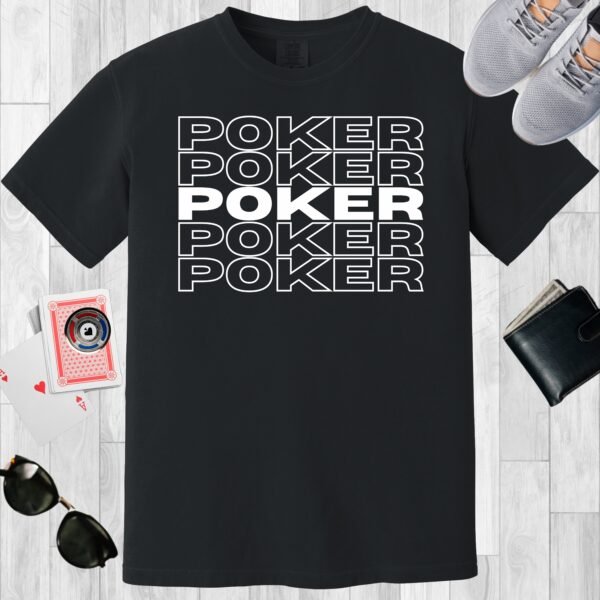 Black colored unisex crewneck poker-themed T-shirt. Design features the text 'POKER' repeated 5 times.