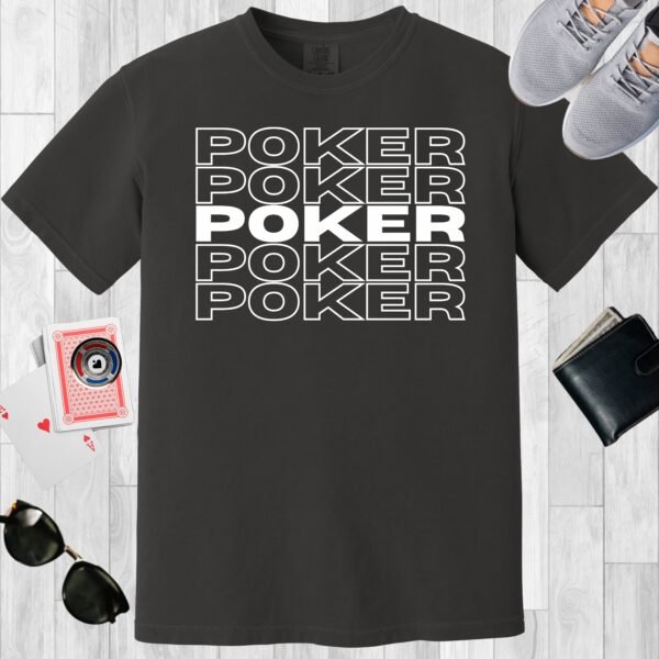 Graphite colored unisex crewneck poker-themed T-shirt. Design features the text 'POKER' repeated 5 times.