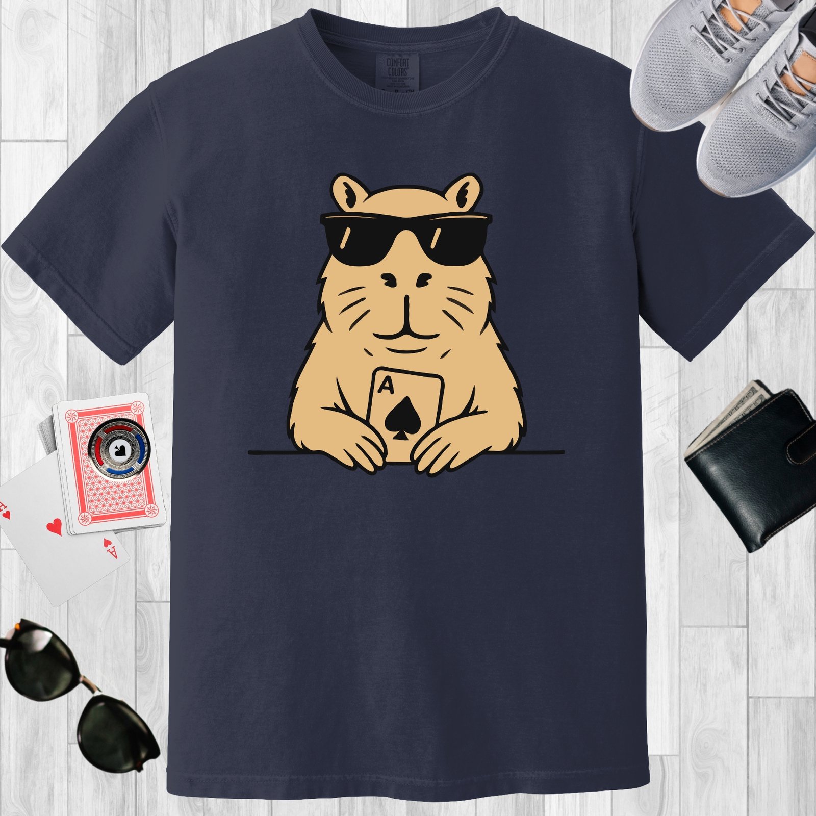 Navy colored unisex crewneck poker-themed T-shirt. Design features an image of a capybara with an Ace playing card.