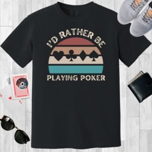 Black colored unisex crewneck poker-themed T-shirt. Design features the text 'I'd rather be playing poker'. Card suits on a retro sunset background.