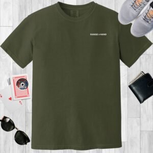 Moss colored unisex crewneck normcore poker-themed T-shirt. Design features the left chest text 'Range > Hand'.