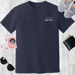 Navy colored unisex crewneck normcore poker-themed T-shirt. Design features the small left chest design of line art card suits and the text 'Deep stack'.