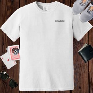 White colored unisex crewneck normcore poker-themed T-shirt. Design features the small left chest text 'Small blind'.