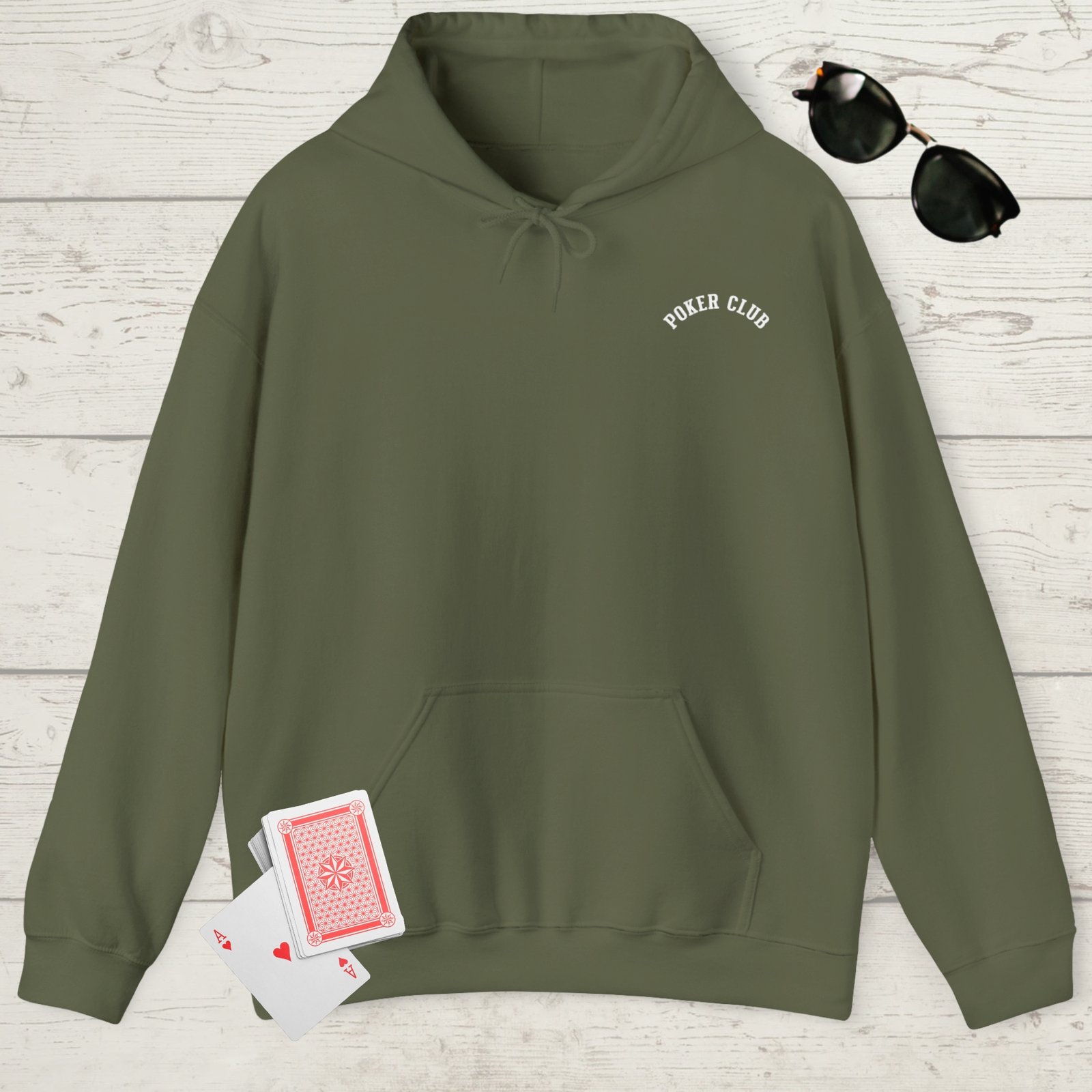 Military Green poker-themed Gildan hooded sweatshirt with the small left chest text "Poker club"