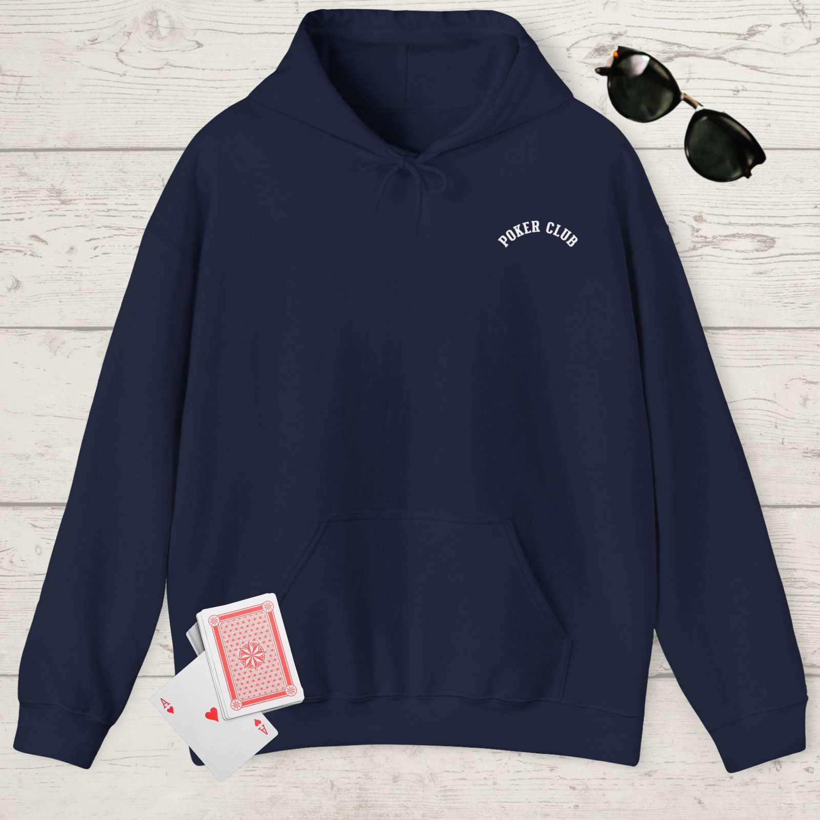 Navy poker-themed Gildan hooded sweatshirt with the small left chest text "Poker club"