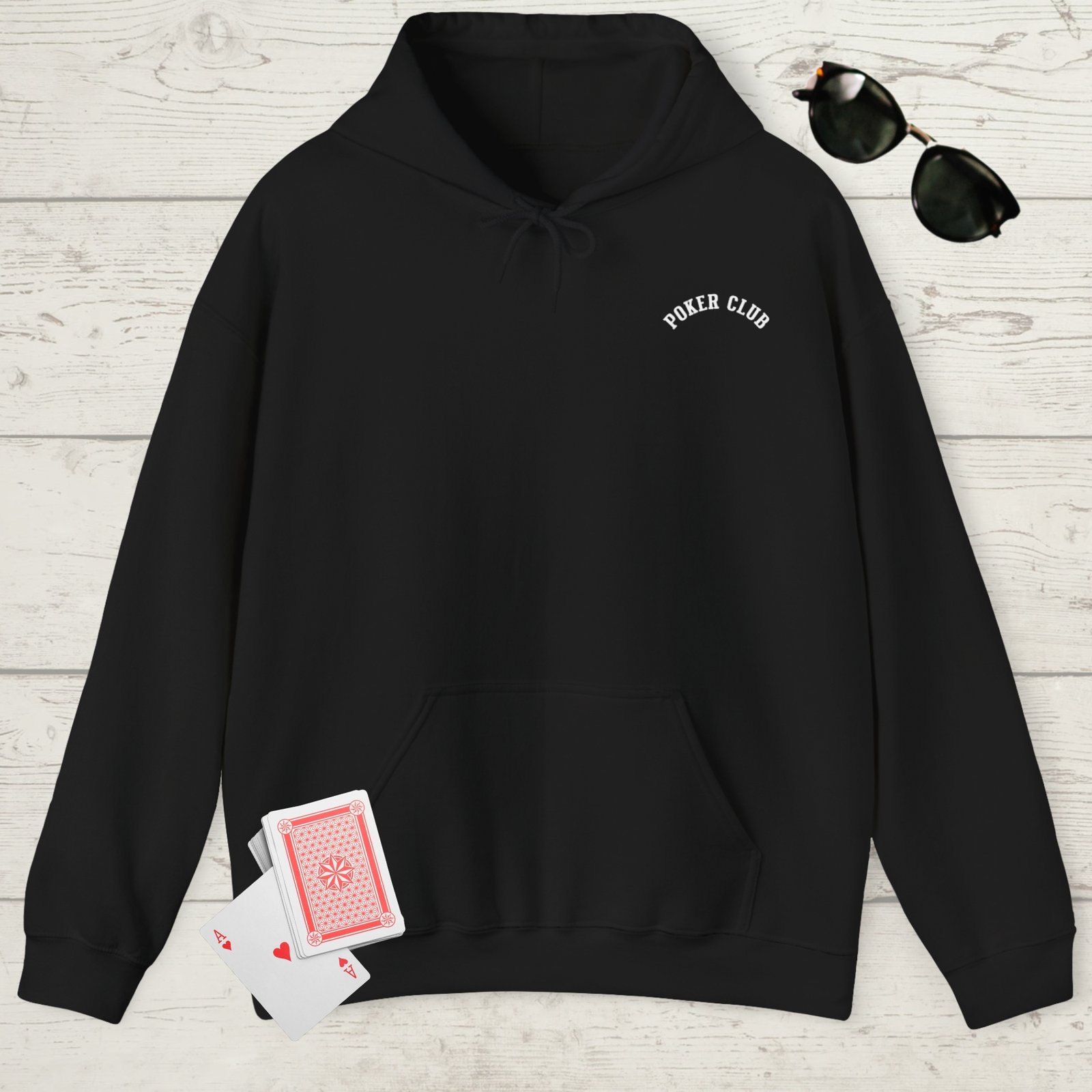 Black poker-themed Gildan hooded sweatshirt with the small left chest text "Poker club"