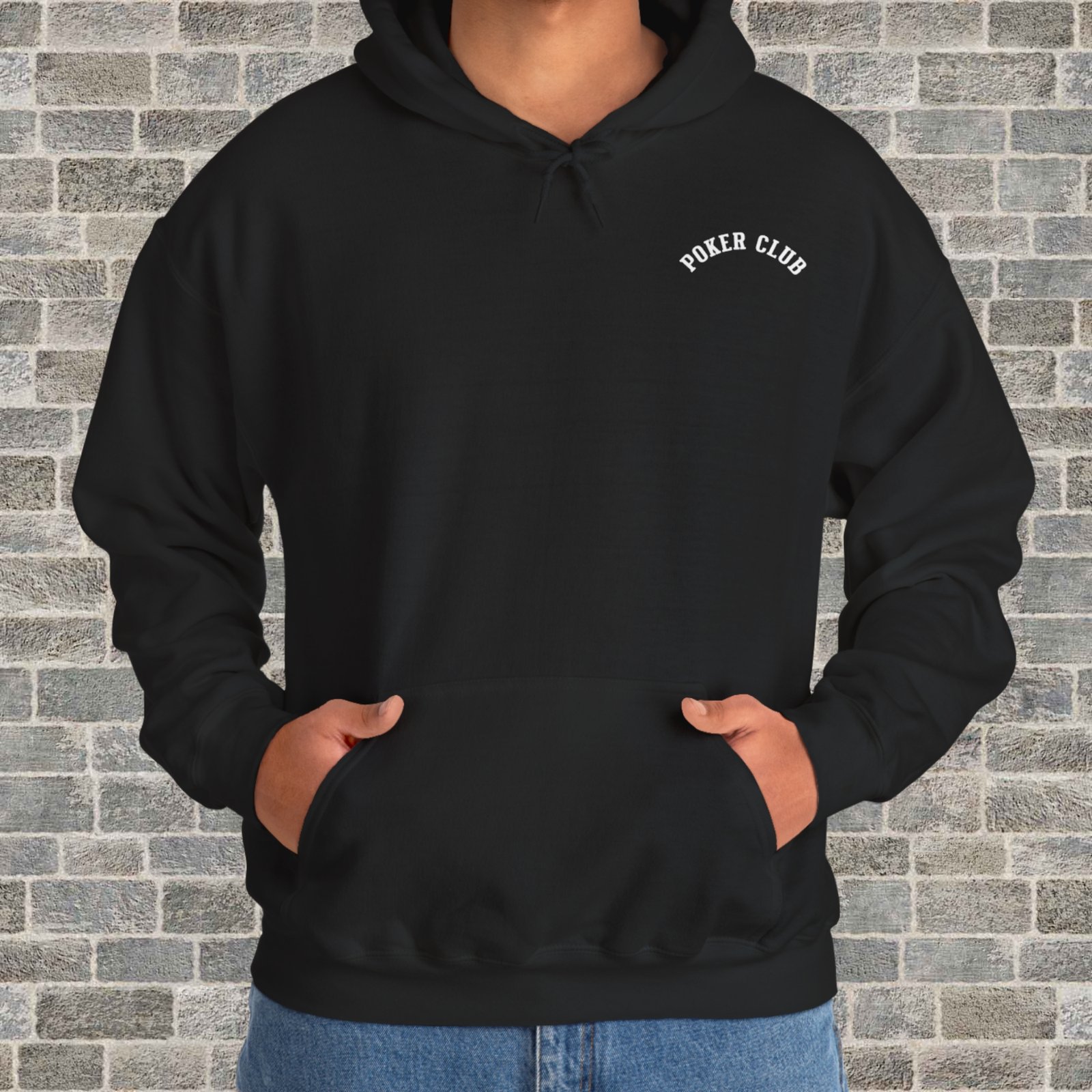 Person wearing a black poker-themed Gildan hooded sweatshirt with the small left chest text "Poker Club" in front of a brick wall.