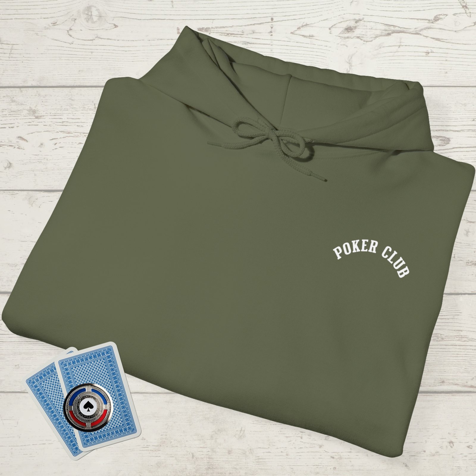 Folded Military Green poker-themed Gildan hooded sweatshirt with the small left chest text "Poker Club"