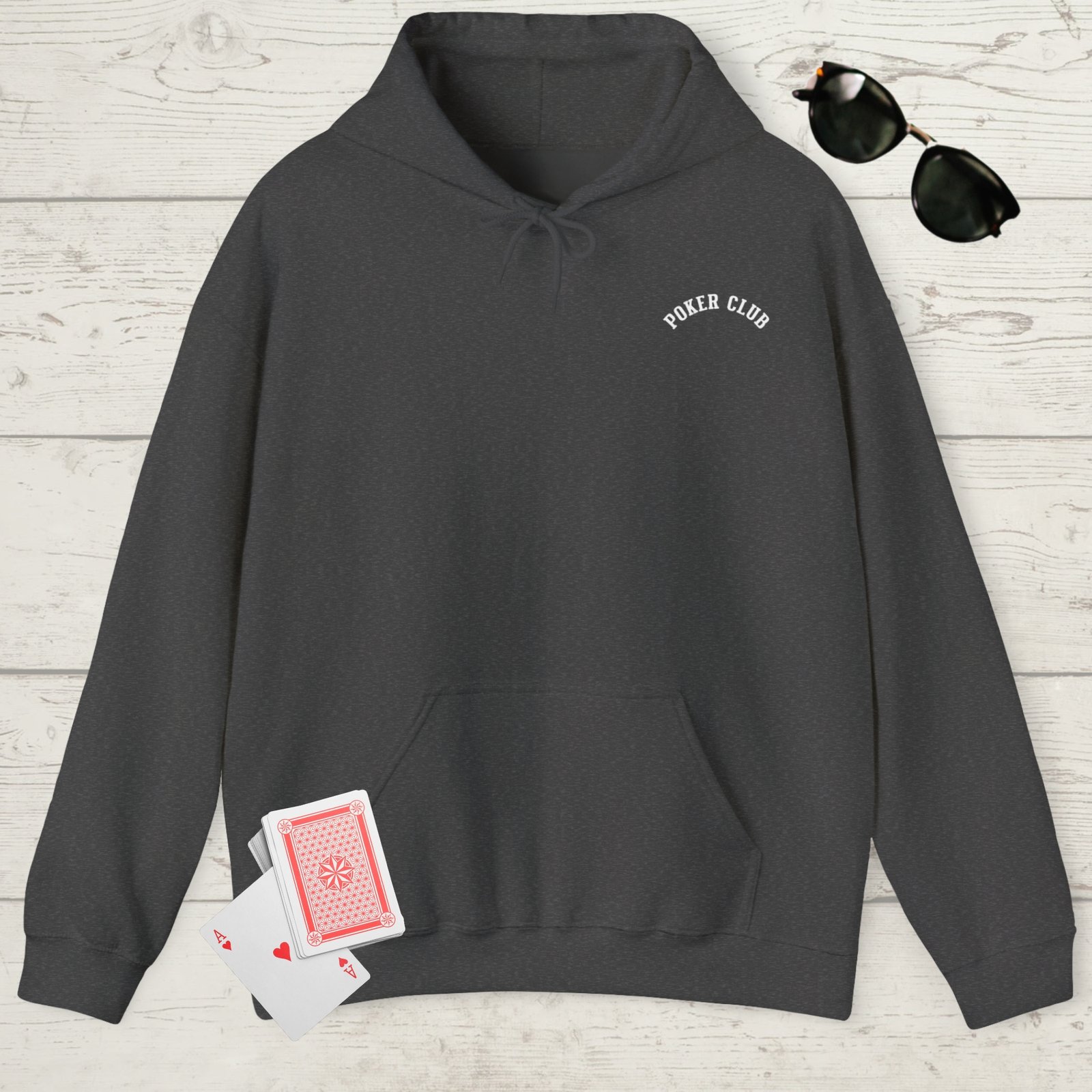 Dark Heather poker-themed Gildan hooded sweatshirt with the small left chest text "Poker club"