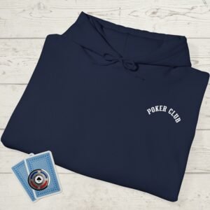 Folded Navy poker-themed Gildan hooded sweatshirt with the small left chest text "Poker Club"