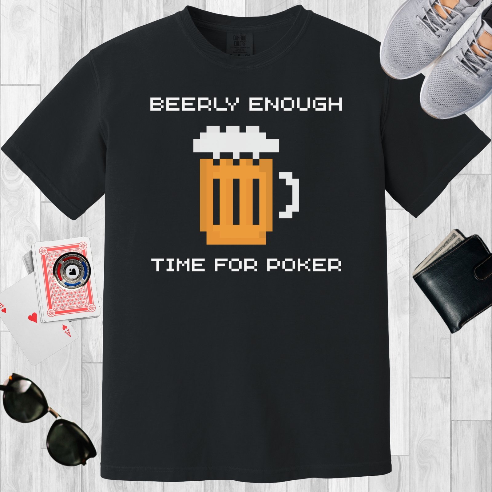 Black colored unisex crewneck poker-themed T-shirt. Design features the text 'Beerly enough time for poker'. Pixel art image of a beer.