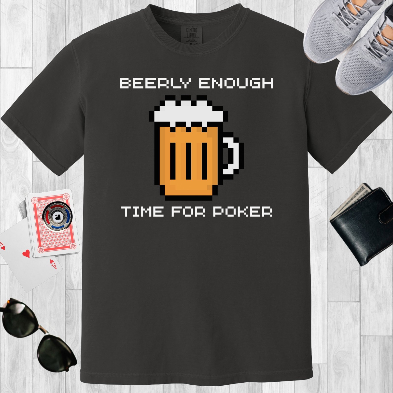 Graphite colored unisex crewneck poker-themed T-shirt. Design features the text 'Beerly enough time for poker'. Pixel art image of a beer.