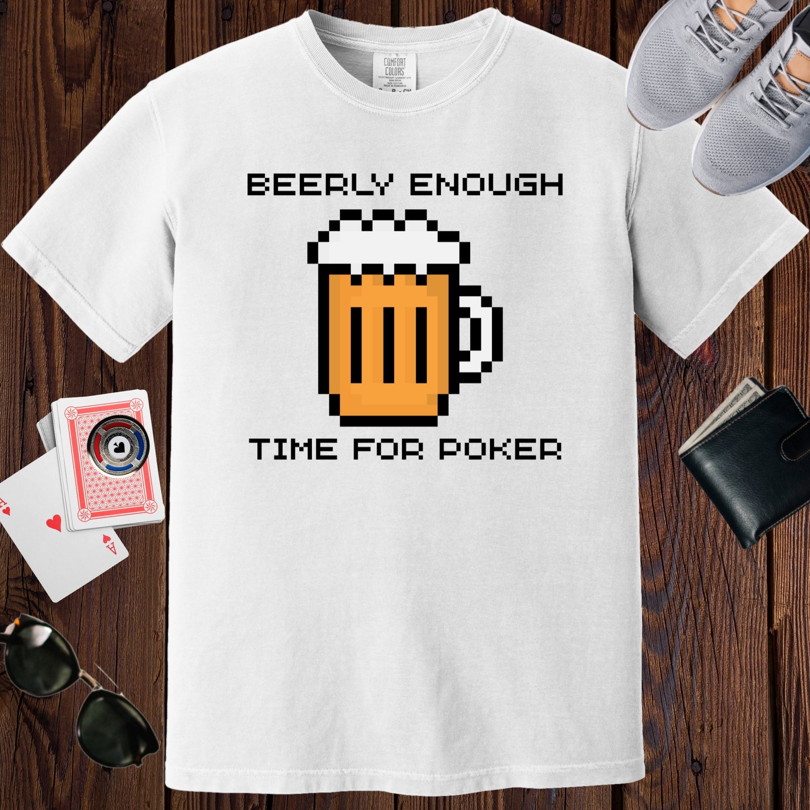 White colored unisex crewneck poker-themed T-shirt. Design features the text 'Beerly enough time for poker'. Pixel art image of a beer.