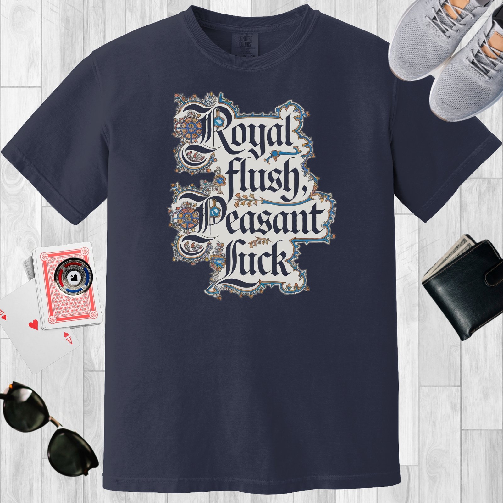 Navy colored unisex crewneck poker-themed T-shirt. Design features the text 'Royal flush Peasant luck'.