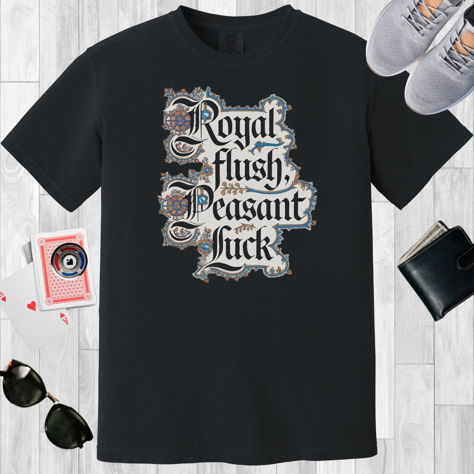 Black colored unisex crewneck poker-themed T-shirt. Design features the text 'Royal flush Peasant luck'.