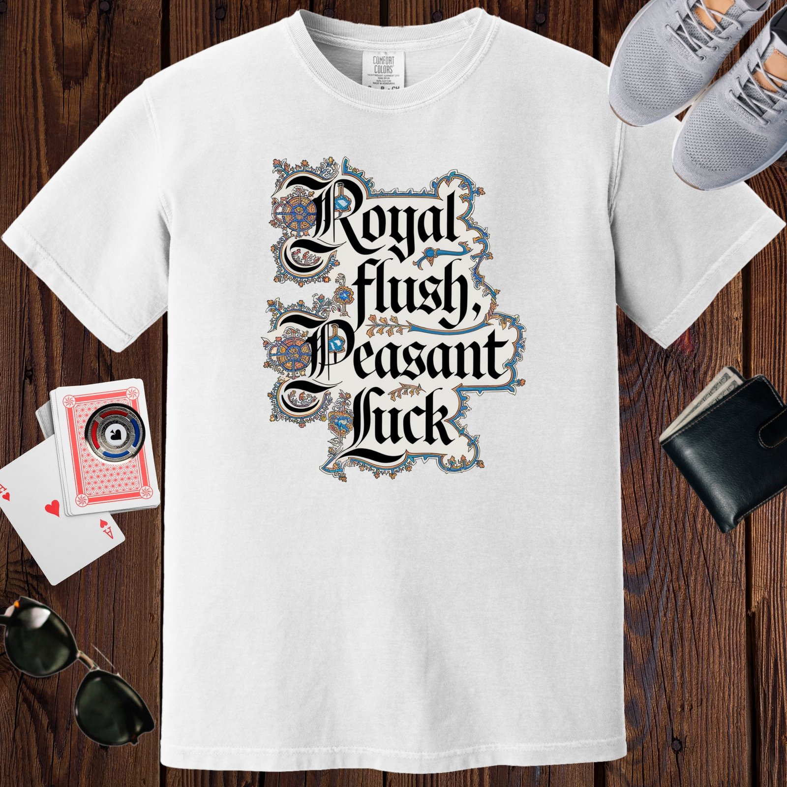 White colored unisex crewneck poker-themed T-shirt. Design features the text 'Royal flush Peasant luck'.