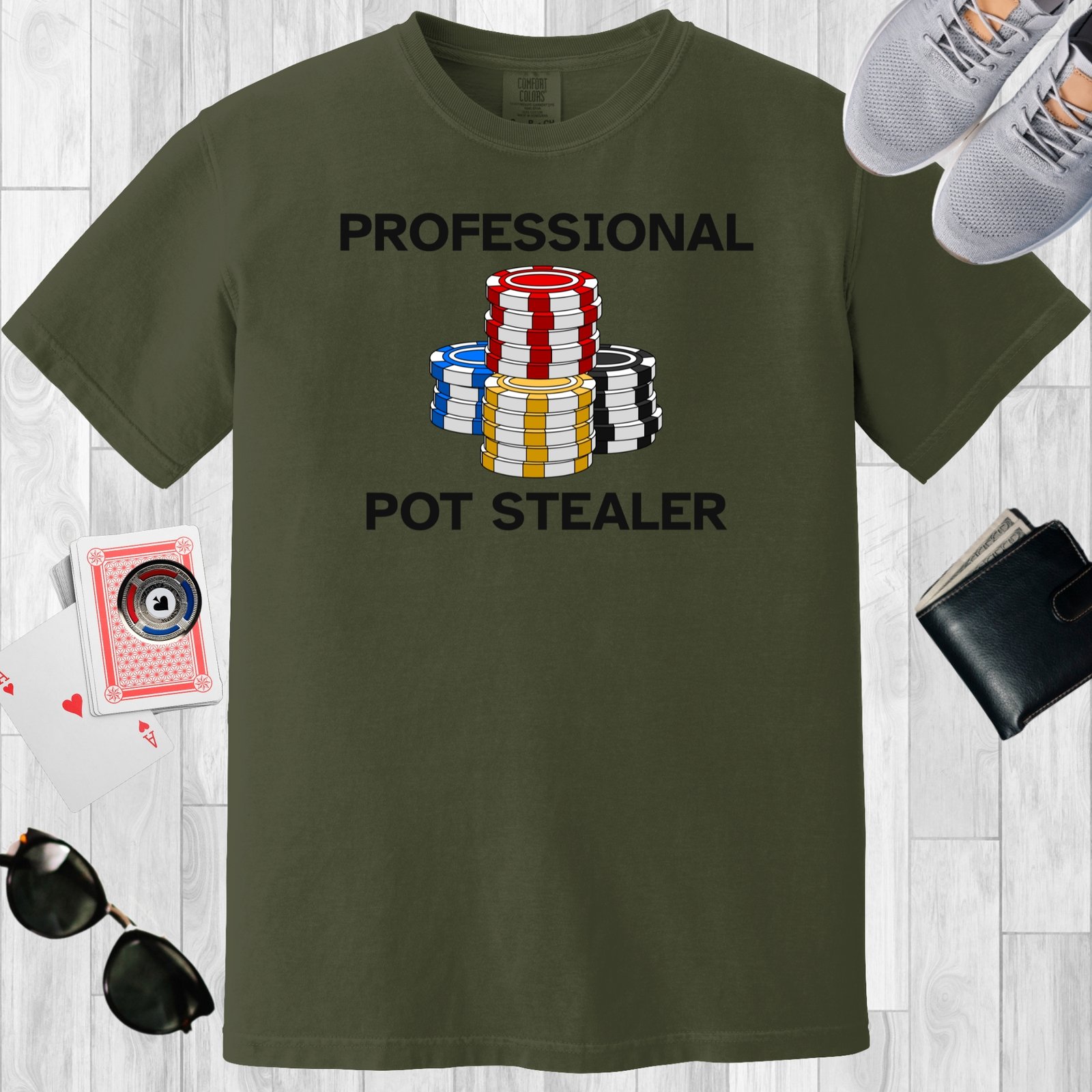 Moss colored unisex crewneck poker-themed T-shirt. Design features the text 'Professional Pot Stealer'. Image of poker chip stacks.